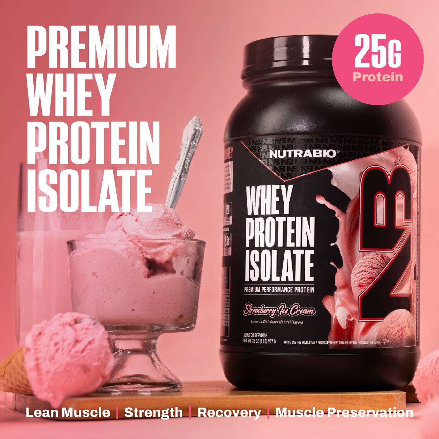 100% Whey Protein Isolate Protein Powder, 25G Protein with Complete Amino Acid Profile, Non-Gmo, Soy & Gluten Free, Low Carb, Low Calorie Whey Protein Powder, Strawberry Ice Cream, 2 Lbs