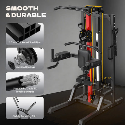 Home Gym Machine - High/Low Pulley System for Lat Pulldown, Row & Back Workout, with Leg Support | All-In-One Strength Training Equipment for Home Gym