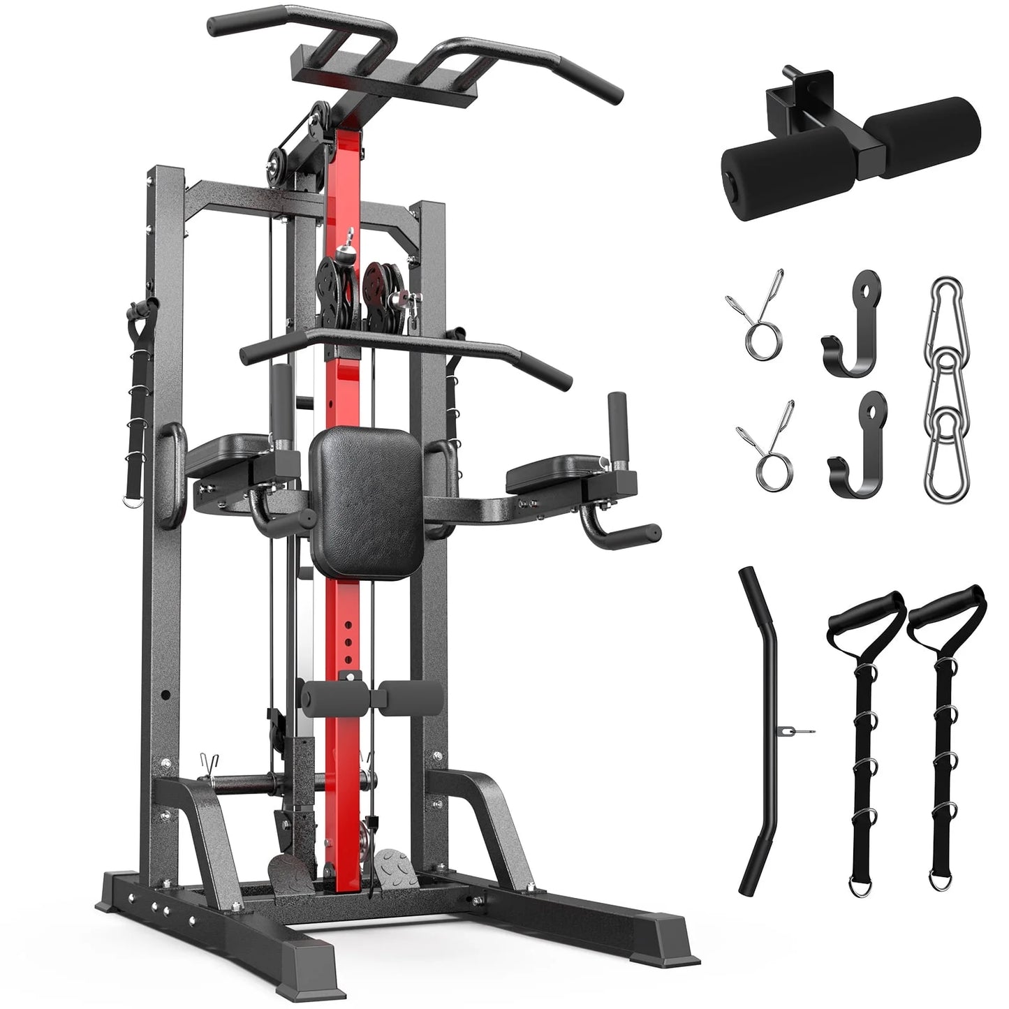 Home Gym Machine - High/Low Pulley System for Lat Pulldown, Row & Back Workout, with Leg Support | All-In-One Strength Training Equipment for Home Gym