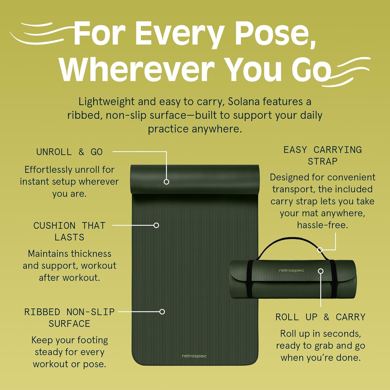 Solana Yoga Mat Thick 1/2In Non-Slip Workout Mat with Nylon Strap - 72X24In Exercise Mat for Pilates, Stretching & Fitness - BPA Free, Easy Clean