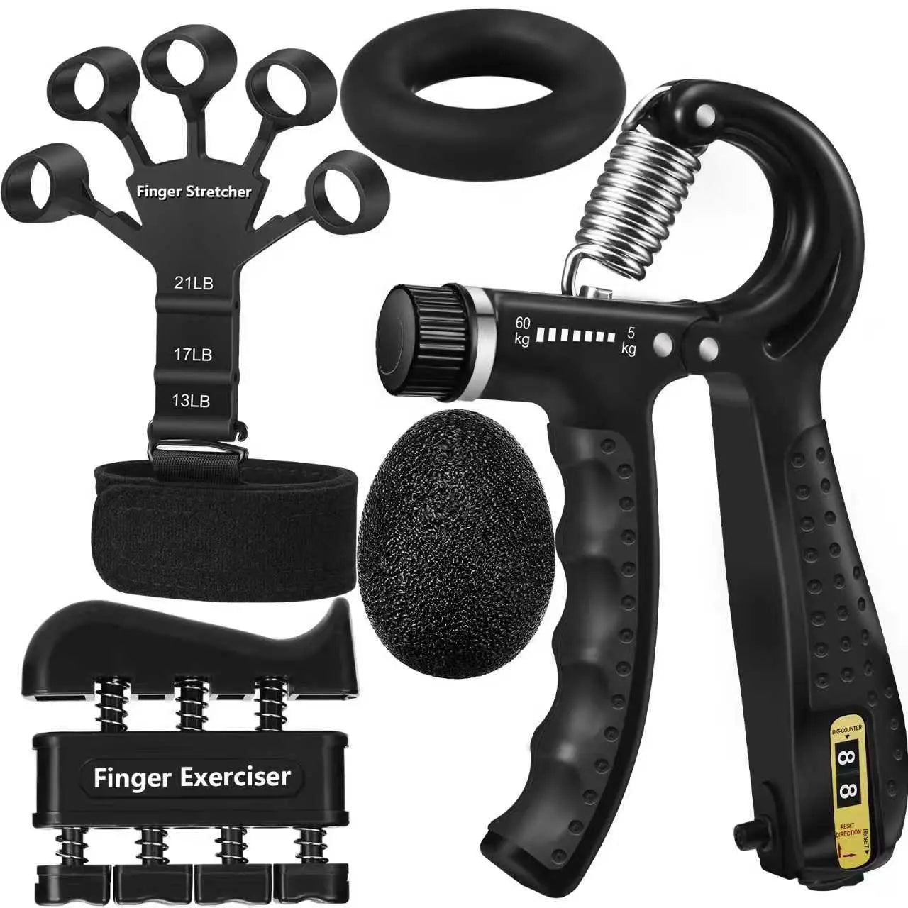 Grip Strength Trainer(5 Pack) with Finger Exerciser, Hand Grip Strengthener, Finger Stretcher,Grip Ring & Stress Relief Ball for Muscle Building and Injury Recover Gym Home